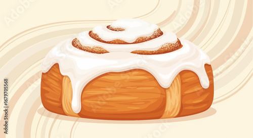 Delicious Cinnamon Roll with Creamy Icing on Swirling Background is appetizing and delightful