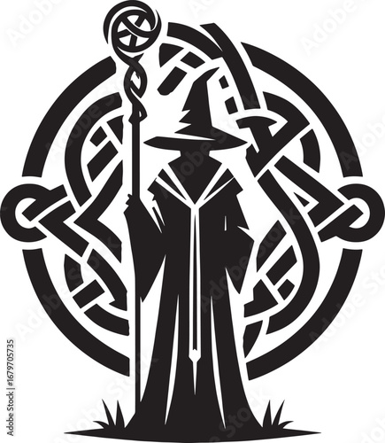 Intricate Black and White Wizard Silhouette with Celtic Knot Design and Staff Illustration