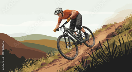 Downhill Biking Adventure: Dynamic Illustration of a Rider Navigating Rugged Terrain Scene