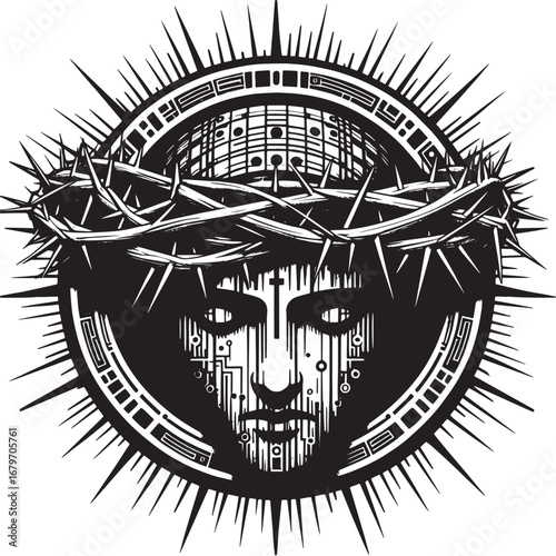 Intricate Black and White Digital Illustration Depicting a Person with a Crown of Thorns