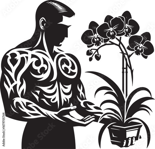 Man Admiring an Orchid Plant: A Black and White Vector Illustration Depicting a Connection