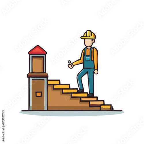Hand Drawn Construction Worker Climbing Steps to a Lookout Tower Illustration