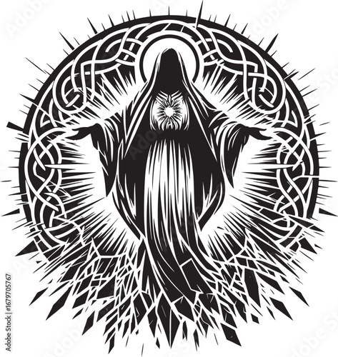Mystical Figure with Celtic Knotwork and Radial Elements in a Black and White Illustration