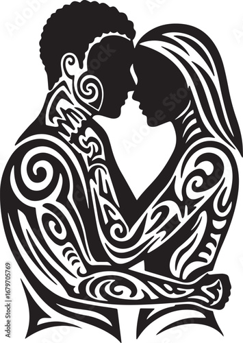 Stylized portrayal of an interracial couple embracing with triba