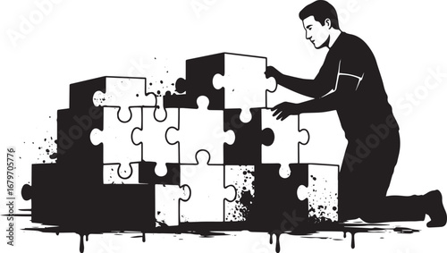 Conceptual construction: Man assembling a 3D jigsaw puzzle struc