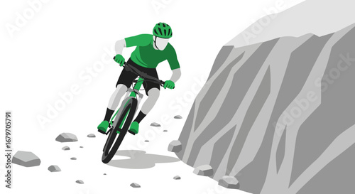 Downhill Cyclist Leaning Into Risk on Rugged Terrain in Vivid Green Attire