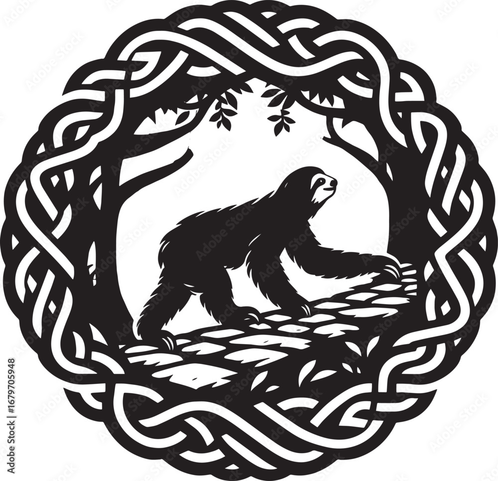 Obraz premium Artistic Black and White Illustration of a Sloth in a Celtic Knot Frame Amidst Trees