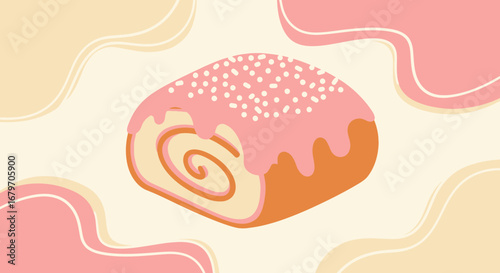 Drawn Pastry With Pink Icing And Sprinkles In A Pastel-Colored Illustration