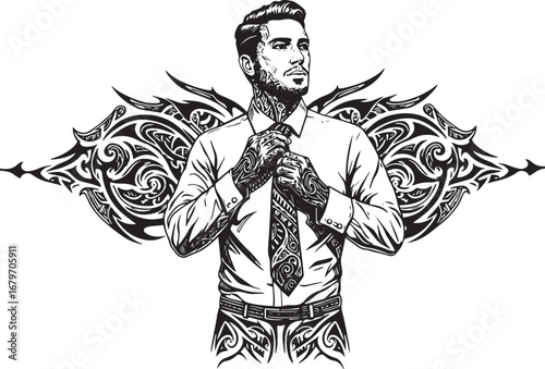 Tattooed professional adjusting tie with intricate tribal patter