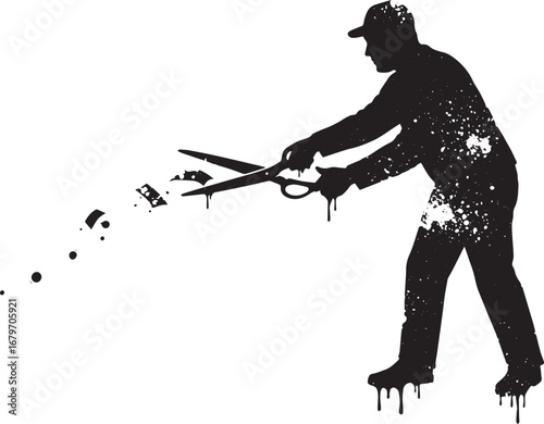 Stylized monochrome illustration of a man cutting expenses with