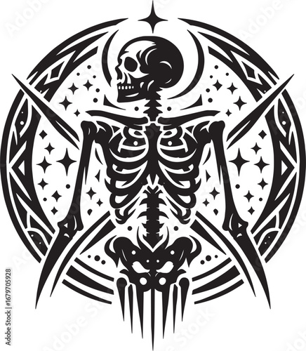 Intricate Black and White Illustration of a Human Skeleton with Symbolic Geometric Design