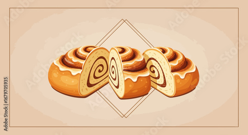 Delicious cinnamon rolls illustration with a simple geometric background, perfect for food design