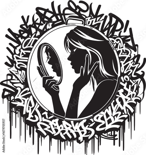 Silhouette of a Woman Admiring Herself in a Mirror Surrounded by Graffiti Art