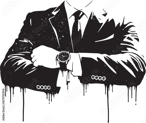 Ink bleed illustration of a suited figure checking the time on a