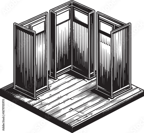 Isometric View of Public Restrooms with Stalls Depicted in Black and White Artistic Style