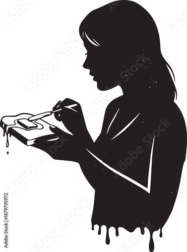 Silhouette of a woman gracefully spreading butter on toast with