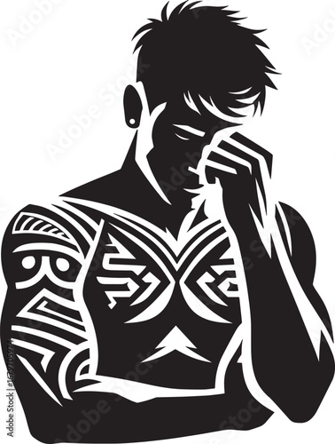 Silhouette of a Man with Tribal Tattoos, Showing Strength and Artistic Expression