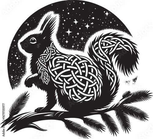 Artistic black and white illustration of a squirrel with Celtic knot design on a starry night
