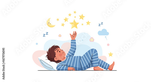 Dreamy Boy Reaching For Glowing Stars Under A Whimsical Night Sky Illustration
