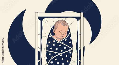 Dreamy Child Asleep in Cradle Under the Moon with Starry Swaddling Imagery