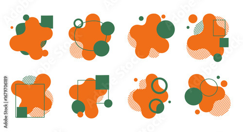 Abstract organic shapes and geometric elements in orange and green on black background