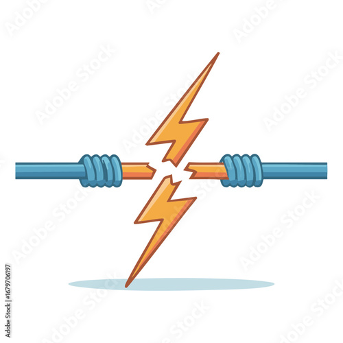 Broken electric cable with a spark; electricity hazard on white