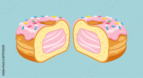 Delicious Donut Halves with Pink Frosting and Colorful Sprinkles Isolated on Blue Backdrop