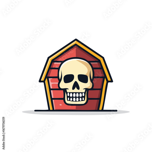 Spooky cartoon human skull character inside a red doghouse with yellow trim illustration