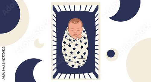 Dreamy Newborn: Sleeping Baby Swaddled Amongst Celestial Shapes Under The Moonlight