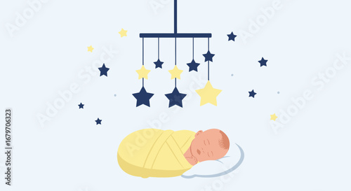 Dreamy Nighttime Scene of a Newborn Baby Wrapped in a Blanket with Starry Decorations