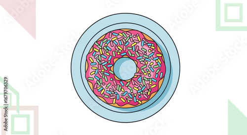 Delicious Donut Illustration Featuring Colorful Sprinkles On A Light Blue Plate