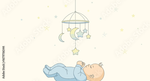 Dreamy Nursery Illustration Featuring a Sleeping Baby and A Celestial Mobile Decoration