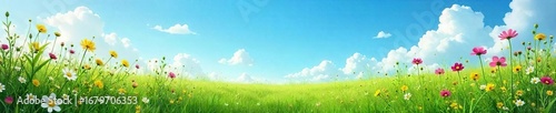 Lush green meadow teeming with wildflowers and grasses under a vibrant blue sky Perfect for nature, botany, and environmental themes A tranquil summer scene , botany, flowering plants