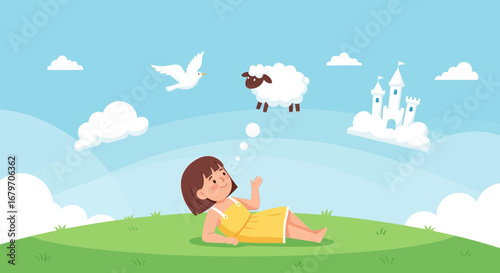 Dreamy Young Girl Envisioning Peaceful Scenery With Cloud Castle And Lamb In The Sky