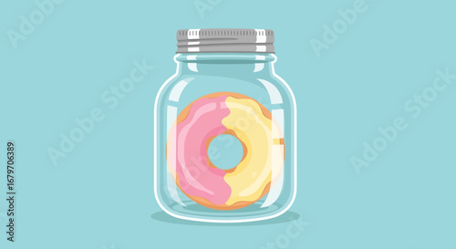 Delicious Donut Sealed Within A Glass Jar Against A Calming, Pastel Blue Background