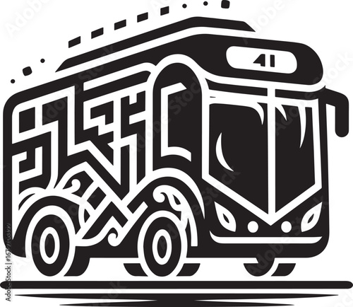 Stylized black and white illustration of a city bus with decorative geometric patterns