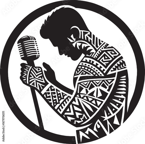 Silhouette of a singer with intricate tribal tattoos holding a microphone in a circular frame