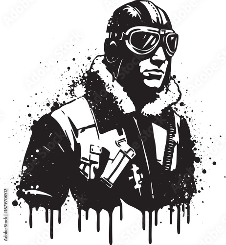 Vintage aviator illustration in monochrome with splash effects c