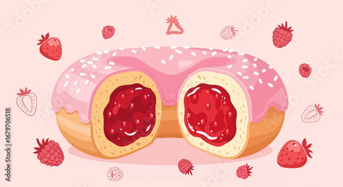Delicious Donut With Fresh Fruit Filling And Sprinkles Aesthetic Illustration Design