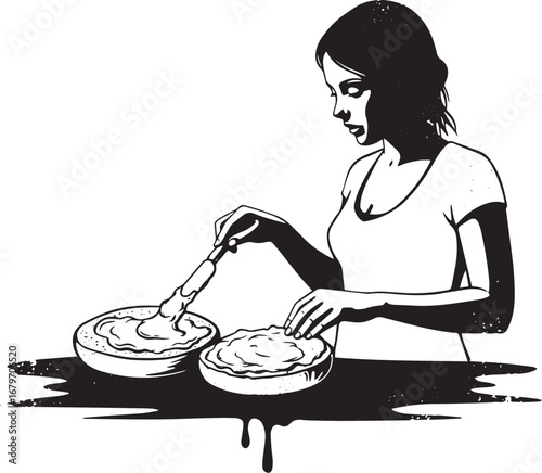 Monochrome illustration of a woman gracefully preparing food wit