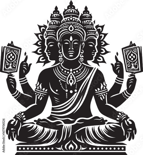 Intricate Black and White Illustration of the Hindu God Brahma in Meditative Pose