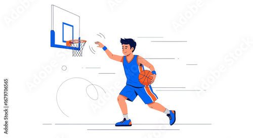 Dynamic Basketball Play Depicted With Illustrated Athlete Action And Energetic Visuals