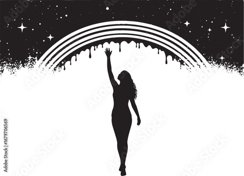Silhouette of a woman reaching out to a celestial dripping rainb