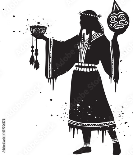 Silhouette of woman in ethnic clothing with ritual mask and offe