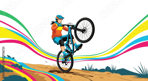 Dynamic Cyclist Performing Stunt on Bicycle with Colorful Artistic Streamers in Background