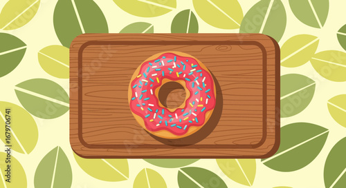 Delicious frosted donut on a wooden tray with a leaf background full view to eat