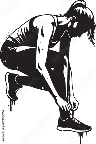 Monochrome artwork depicting woman tying running shoe for fitnes
