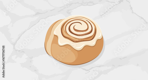 Delicious Freshly Baked Cinnamon Roll With Creamy Icing On A Marble Surface