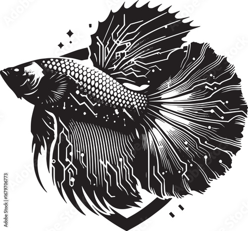 Artistic Vector Illustration of a Black and White Betta Fish with Circuitry Design Elements
