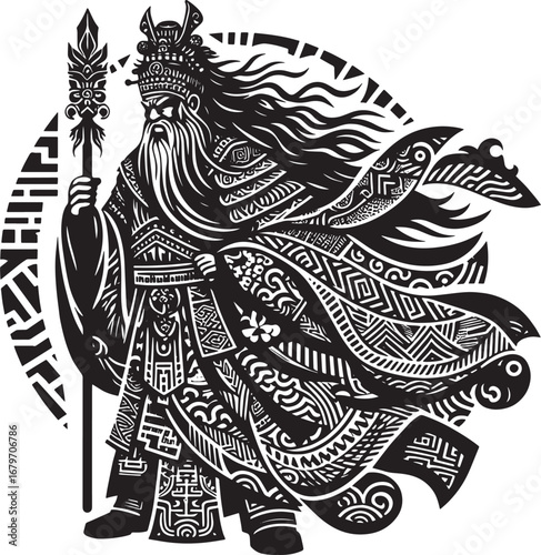 Intricate Black and White Illustration of a Warrior King Holding a Spear and Emblem
